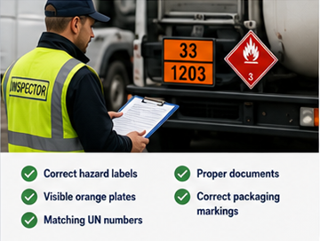 ADR roadside inspection checking hazard labels and orange plates