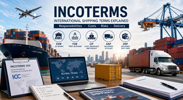 International cargo transport with containers trucks ships and logistics professionals explaining Incoterms for global trade