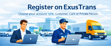 Registration page on ExusTrans with three account types for customers carriers and private persons across Europe