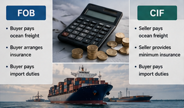 International shipping cost comparison between FOB and CIF cargo transport